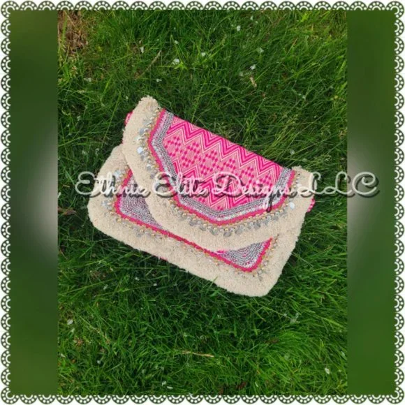 New pink Handmade Banjara fringe Jute Bag - Silver And Gold Leather Slin… - Picture 5 of 8